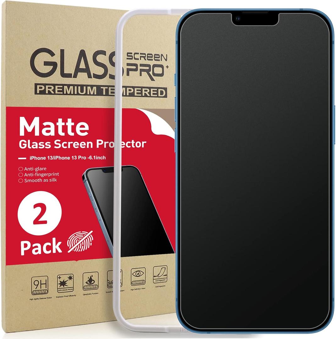 [2 Pack] Ambison Matte Glass Screen Protector Designed for iPhone 16e/ iPhone 14/ iPhone 13/ 13 Pro, Install Frame/ Bubble Free/ Anti-Glare&Fingerprint, 9H Tempered Glass Clear for iPhone 16e/ 14/ 13 Pro 6.1inch