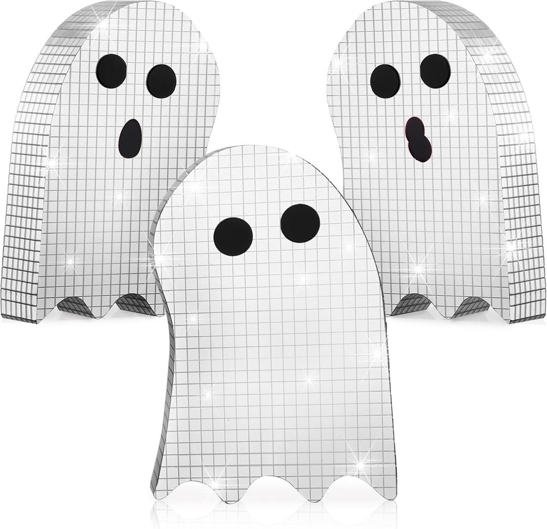 3 Pcs Halloween Disco Ghost Decor, Glitter Ghost Table Decor Reflective Spooky Figures Halloween Tiered Tray Table Centerpiece Tabletop Decorations for Halloween Home Bar Tabletop (Silver)