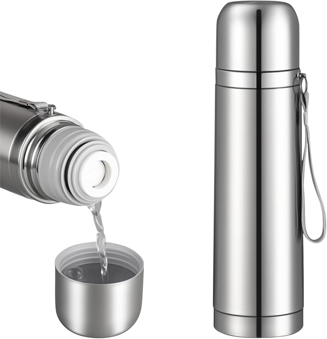 Stainless Steel Thermal Bottle Vacuum Insulated Coffee Trave Mug for Hot and Cold Drinks Double Walled Sport Water Flask with Cup 17Oz/500Ml(Silver)