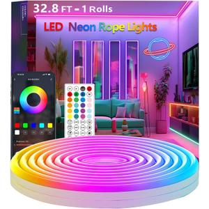 32.8FT RGB Rope Lights,Flexible Led Neon Light Control with App/Remote,Multiple Modes,IP65 Outdoor Waterproof,Music Sync Strip for Bedroom