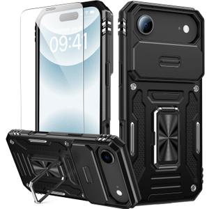 Goodon for iPhone Air Case with Sliding Camera Cover + Screen Protector - Magnetic Rotated Ring Kickstand - Military-Grade Shockproof Protective Phone Cover for iPhone 17 Air for Men Women - Black