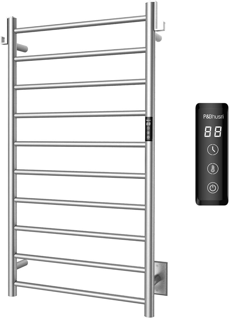 P&Bhusri Brushed Heated Towel Rack, 21.65" L x 39.4" H 10-bar Fast Dry Towel Warmer with Smart Timer and Thermo Control, Wall-Mounted/Hard-Wired Installation, Stainless Steel