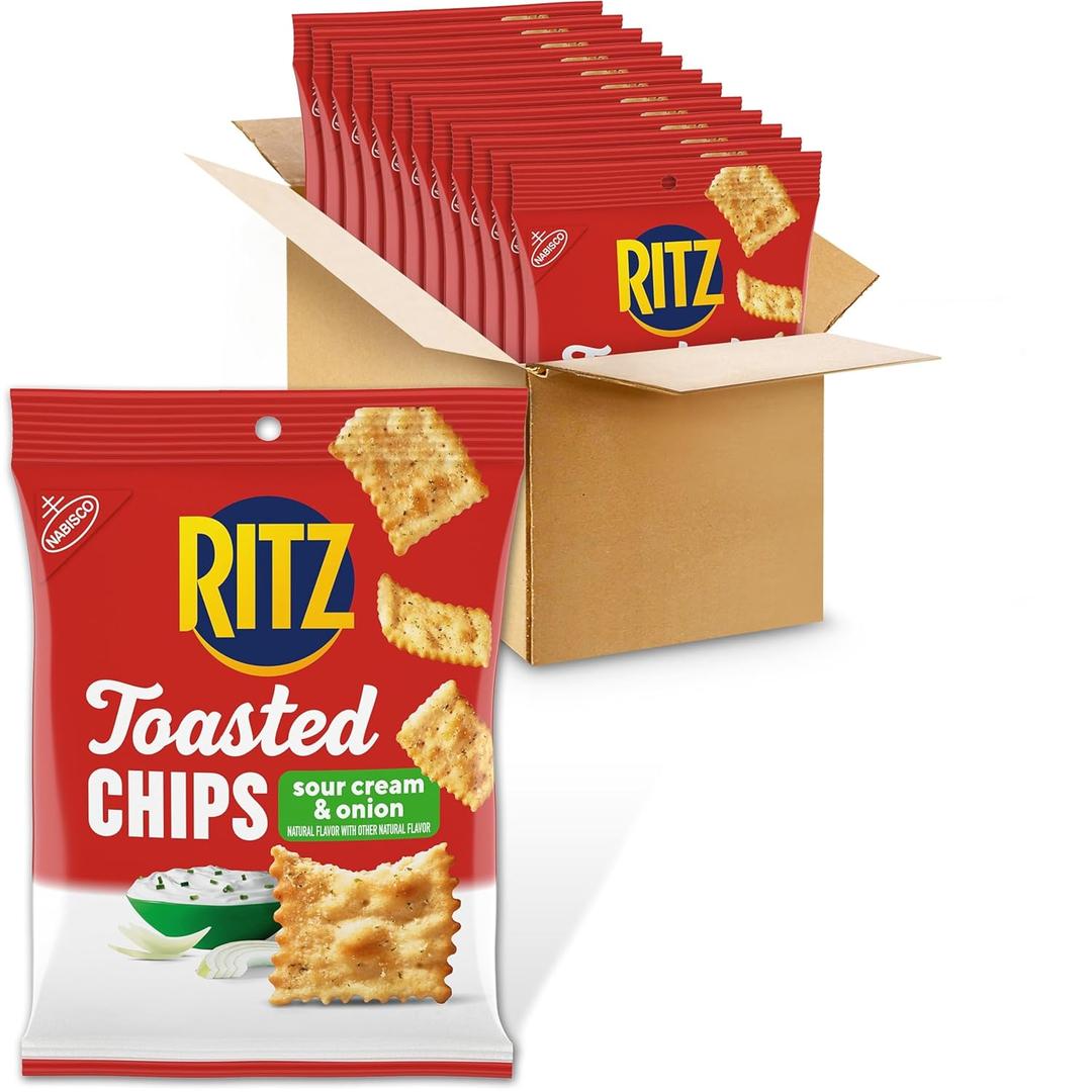 RITZ Toasted Chips Sour Cream and Onion Crackers, Bulk Individual Snacks, 12 Snack Packs (EXP 10/12/26)