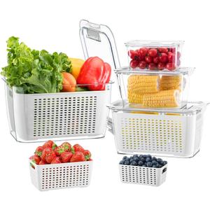 LUXEAR 4 Pack Fruit Vegetable Containers for Fridge, Produce Saver Container with Lids &Removable Colander BPA-free Refrigerator Storage Organizer for Fruit Vegetable, Berry, Meat keep Fresh Longer