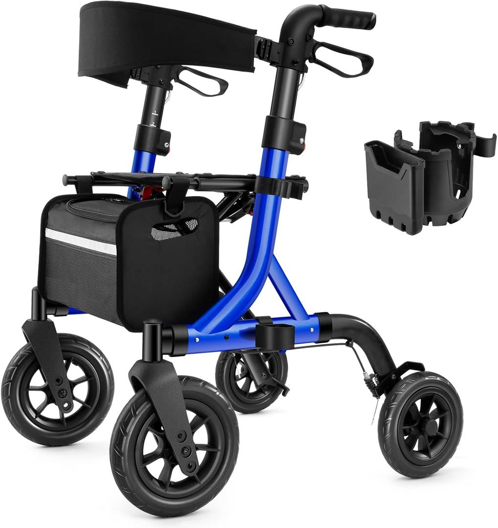 Walkers for Seniors, Rollator Walker with Seat, 10" Rubber Wheels All Terrain Rollator Walker with Backrest, Aluminum Walkers Built-in Cable, Foldable and Adjustable Height for Seniors, Blue