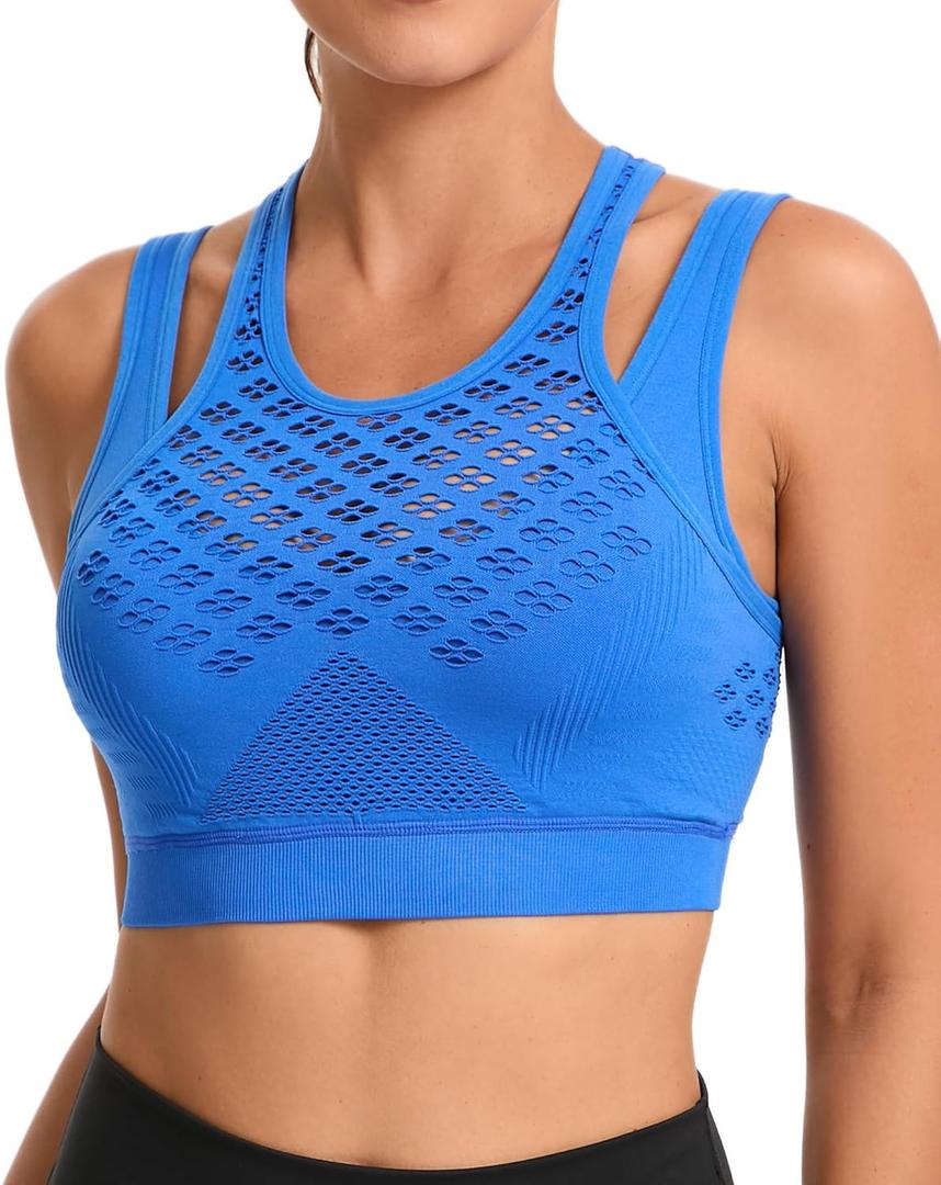 RUNNING GIRL Sports Bras for Women High Support,Seamless Ribbed Longline High Neck Sports Bra Racerback Padded Crop Top Yoga (M)