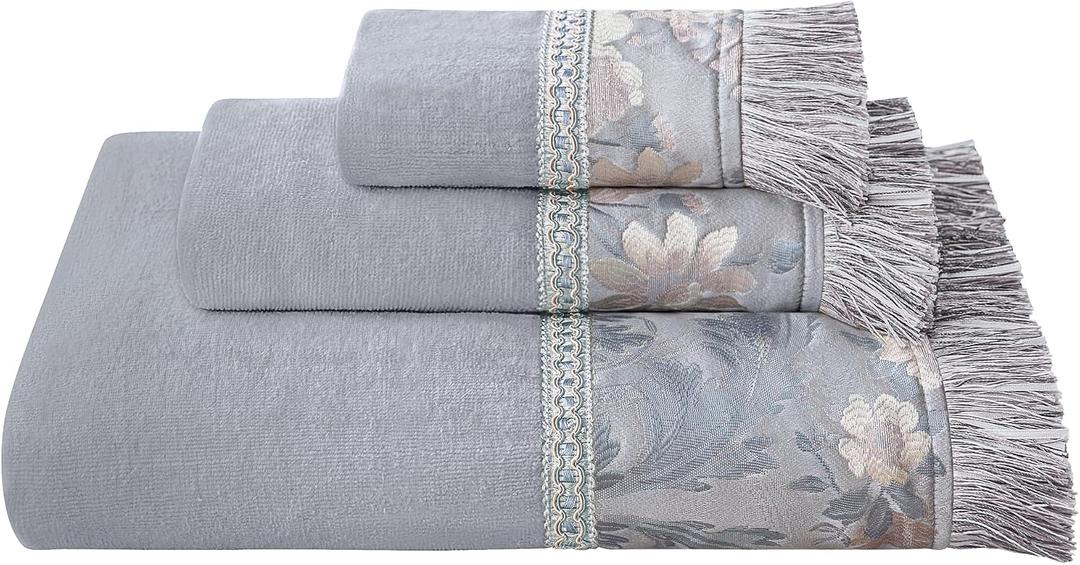 Loom and Mill Luxury Cotton Bath Towel Set 3 Piece-1 Bath Towel 1 Hand Towel 1 Wash Cloth, Ultra Soft Decorative Towel Sets Highly Absorbent for Bathroom, Elegant Floral Design & Quick Dry(Grey)