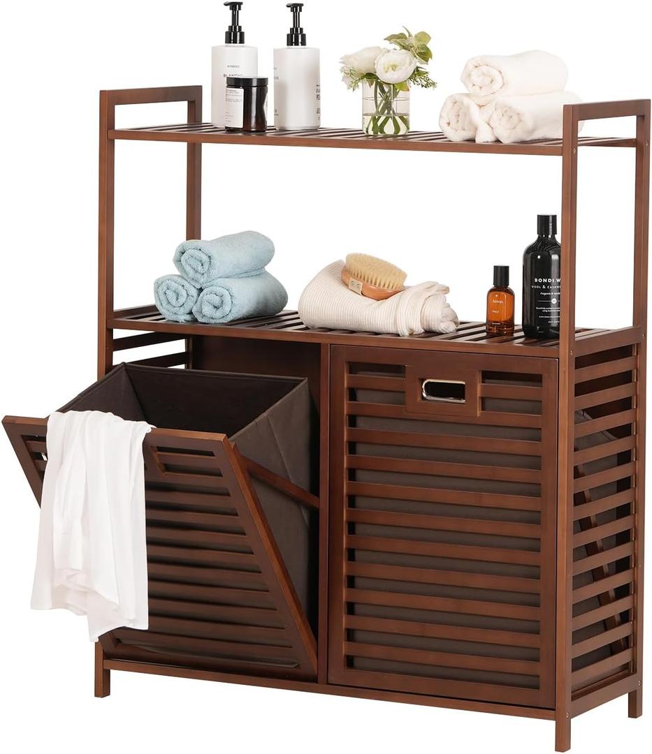 Baveke Bamboo Tilt Out Laundry Hamper with 2 Tier Shelves, Hidden Laundry Hampers with 2 Removable Bags, Pull Out Laundry Hamper Cabinet, Bathroom Storage Shelf for Laundry Room, FSC-Certified, Brown