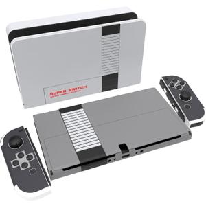 PlayVital Full Set Protective Stickers for Nintendo Switch OLED Model, Customized Vinyl Decal Skins for Switch OLED Console & Joycon & Dock & Grip - Classics NES Style