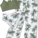 NECIOUS Girls Swimsuit, 3 Piece Bikini Bathing Suit Tropical Floral Swimwear with Cover Up Pants (11-12 Years, Green)