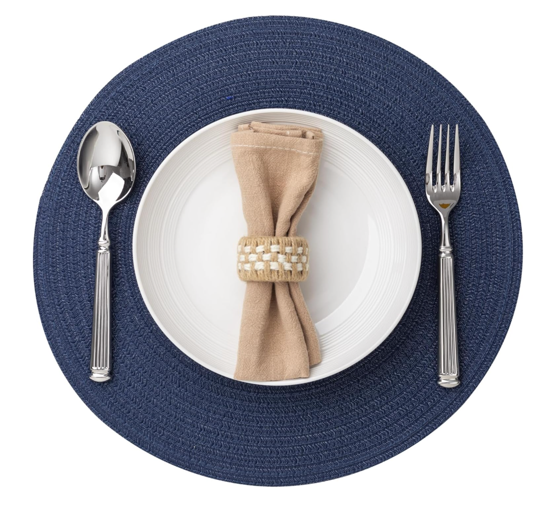 Round Braided Placemats 15 Inch Round Table Mats for Dining Tables Natural Woven Heat Resistant Place mats Set of 4 (Navy Blue)