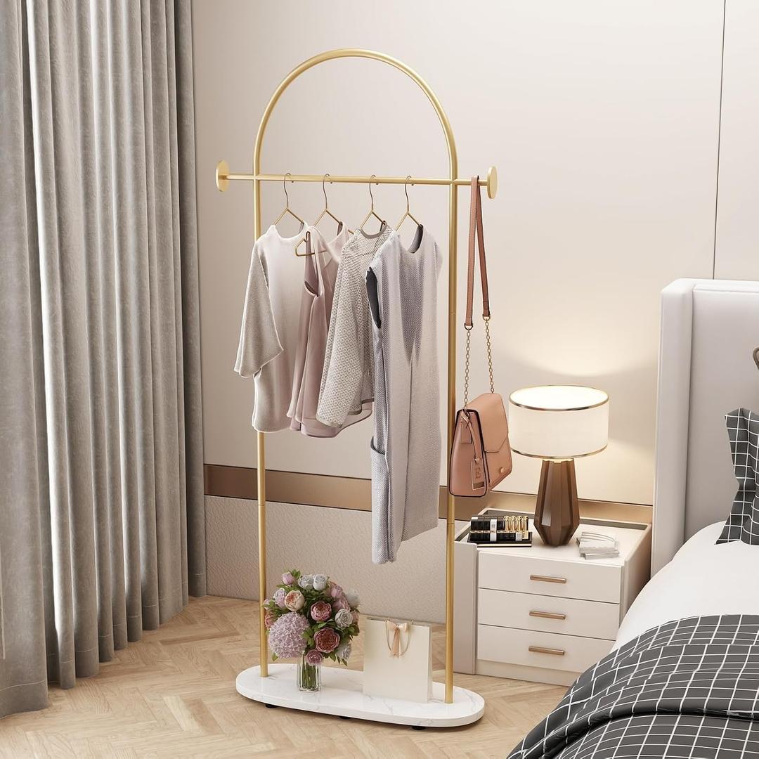 Gold Clothing Rack with Marble Base, Modern Gold Coat Racks Freestanding with 2 Hooks, Heavy Duty Clothes Rack, Coat Rack Stand for Entryway, Bedroom, Living Room, Boutiques