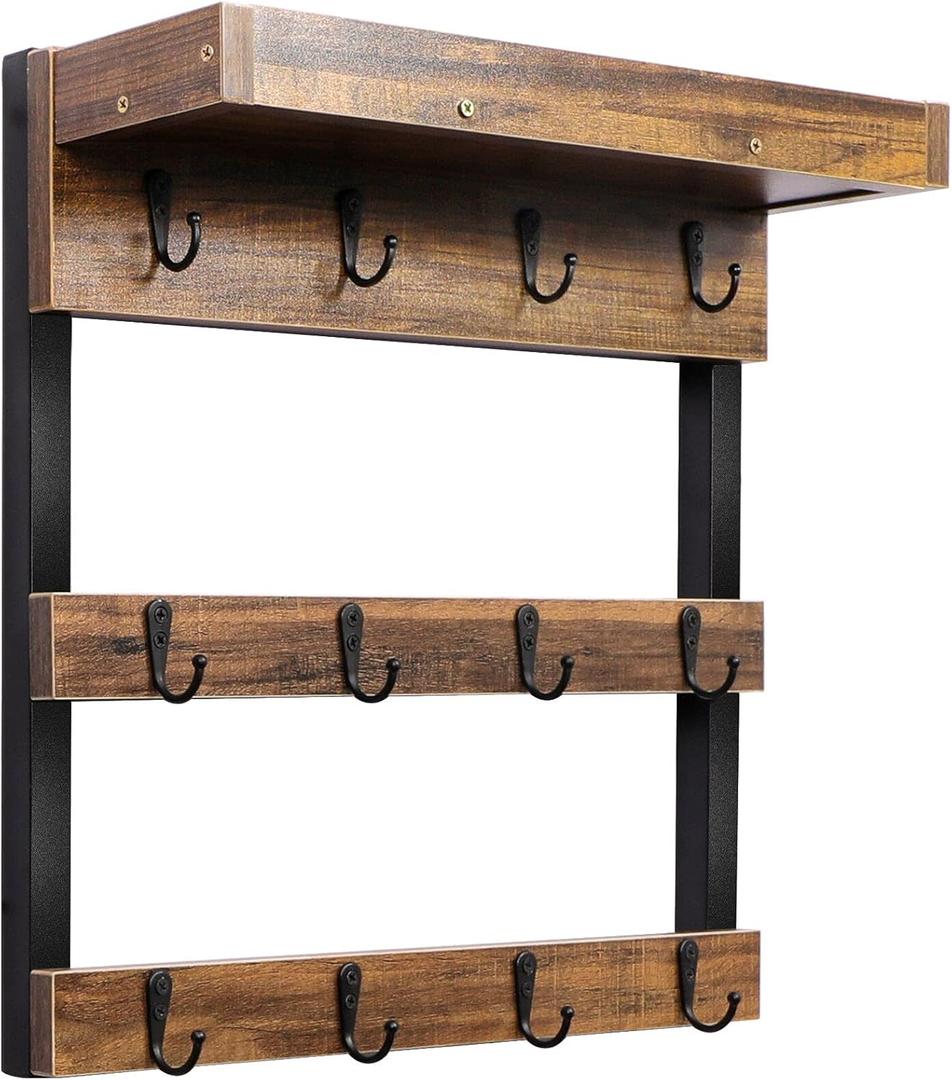 OROPY Coffee Mug Rack Wall Mounted, Rustic Wood Cups Rack with 12 Hooks and Storage Shelf, for Home Kitchen Display and Collection (Rustic Brown)