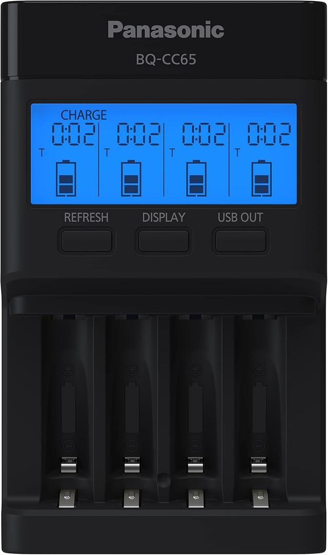 Panasonic BQ-CC65AKBBA Super Advanced eneloop pro and eneloop 4-Position Quick Charger with LCD Indicator Panel and USB Charging Port, Black