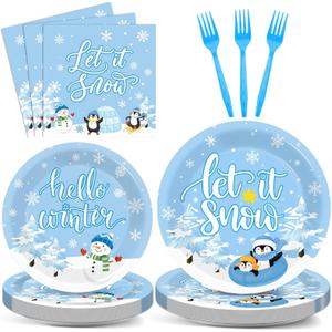 96PCS Hello Winter Party Supplies Winter Snowflake Party Tableware Set Christmas Disposable Dinnerware Plates Napkins Forks with Snowman Penguin for Winter Christmas Birthday Party Favors,  Let It Snow