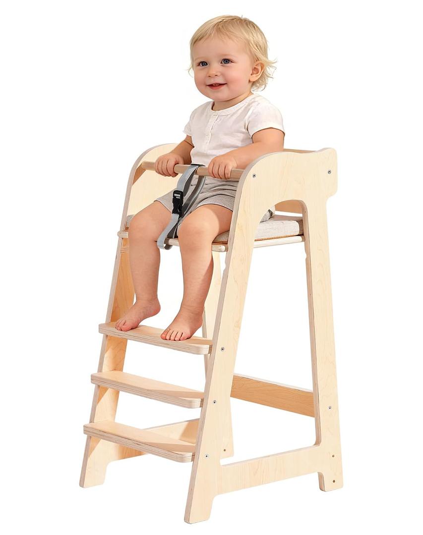 ROBUD Wooden High Chair for Toddlers, Highchair for Adjustable Seat Height & Footrest Levels, High Chairs for Babies and Toddlers with Removable Cushion for Nursery, Dining, Studying, Restaurant,WG419