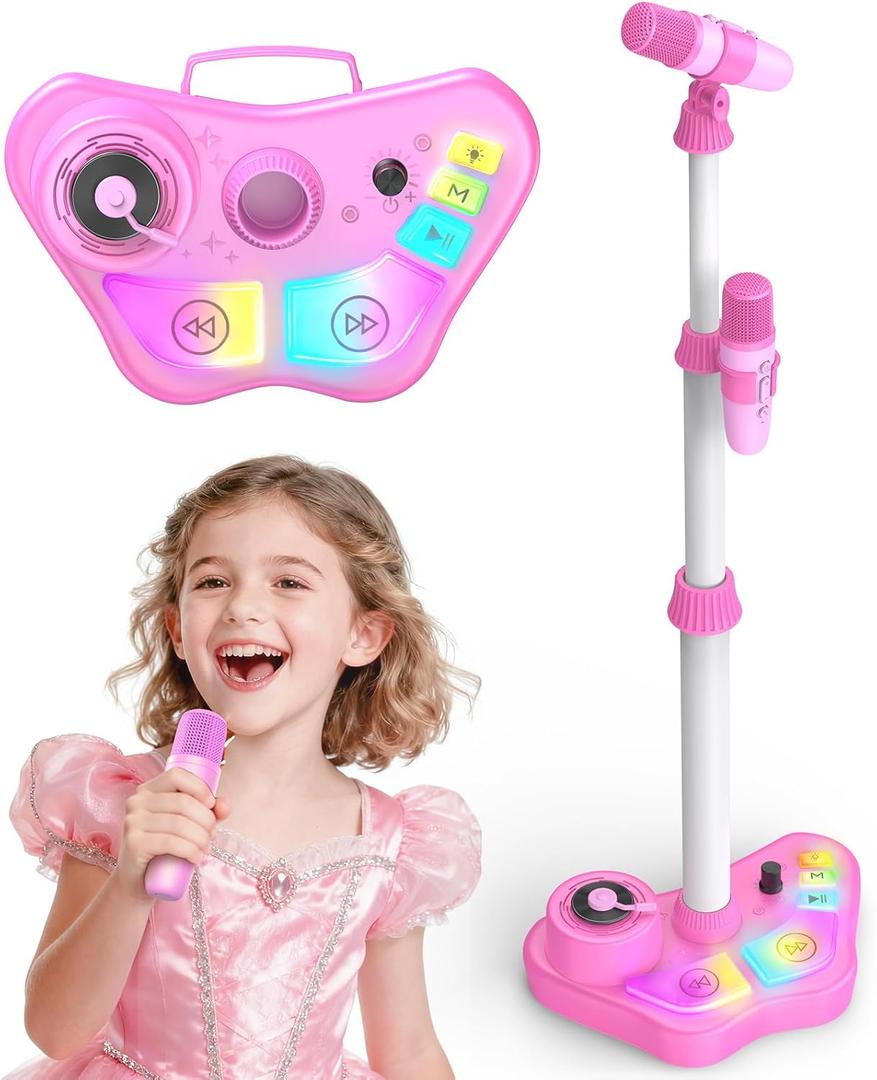 Kids Rechargeable Karaoke Machine Toys with Adjustable Stand, 3-5 4-6 7 8 Year Old Girls Wireless Microphone Gifts, Bluetooth Speaker with 2 Mic Toddler Birthday Gift for Girl Ages 3-8 (Pink)