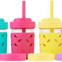 Elk and Friends Kids + Toddler Glass Cups | The Original 8oz Glass Mason Jar with Sleeves + Lids | Silicone Straws + Stopper | Smoothie Cup | Food Storage | Spill Resistant | Dishwasher Safe | 4 Pack