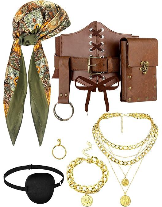 9 Pcs Pirate Costume Accessories Women Pirate Bandanas Head Scarf Renaissance Corset Belt Pouch Eye Patch Jewelry Medium