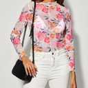 Women's Sheer Floral Long Sleeve Layering Top Ruffled Mock Neck Sheer Blouse for Casual Brunch Party Club Night Date Outfits (S)