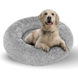 Active Pets Calming Plush Dog Bed Donut Joint Support Anxiety Relief Washable Pet Bed with Removable Cover for Dogs Cats, Large 36", Light Grey
