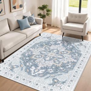 4x6 Area Rug, Soft Non-Slip Vintage Medallion Rug, Low-Pile Printed Indoor Washable Area Rugs for Living Room, Bedroom Bedside, Entryway, Kitchen -Blue/Gray