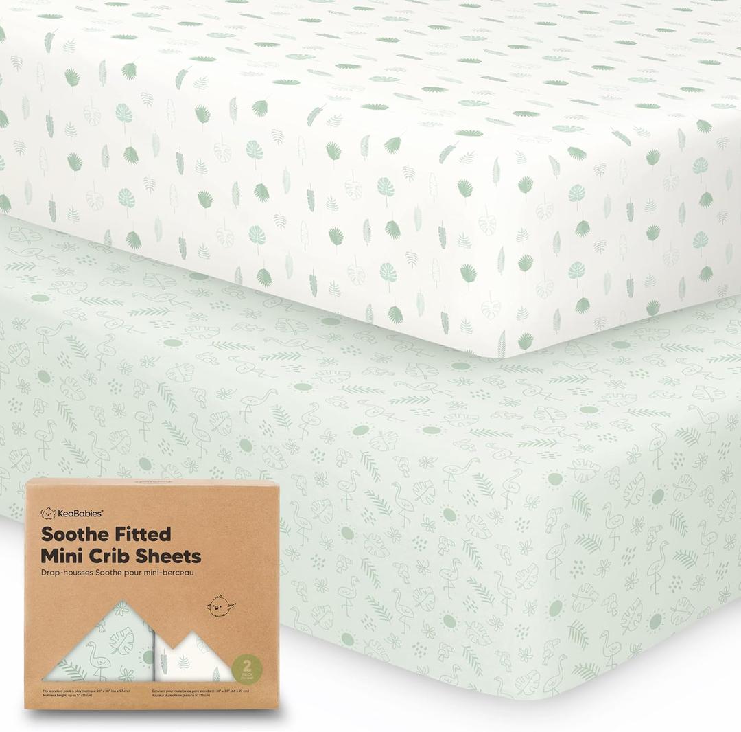 2-Pack Mini Crib Sheets Fitted - Pack N Play Sheets for Pack and Play Mattress, Organic Cotton, Soft & Breathable Jersey Playard Bedding, Neutral Mini Toddler Bed Cover for Boys, Girls (Tropic Oasis)