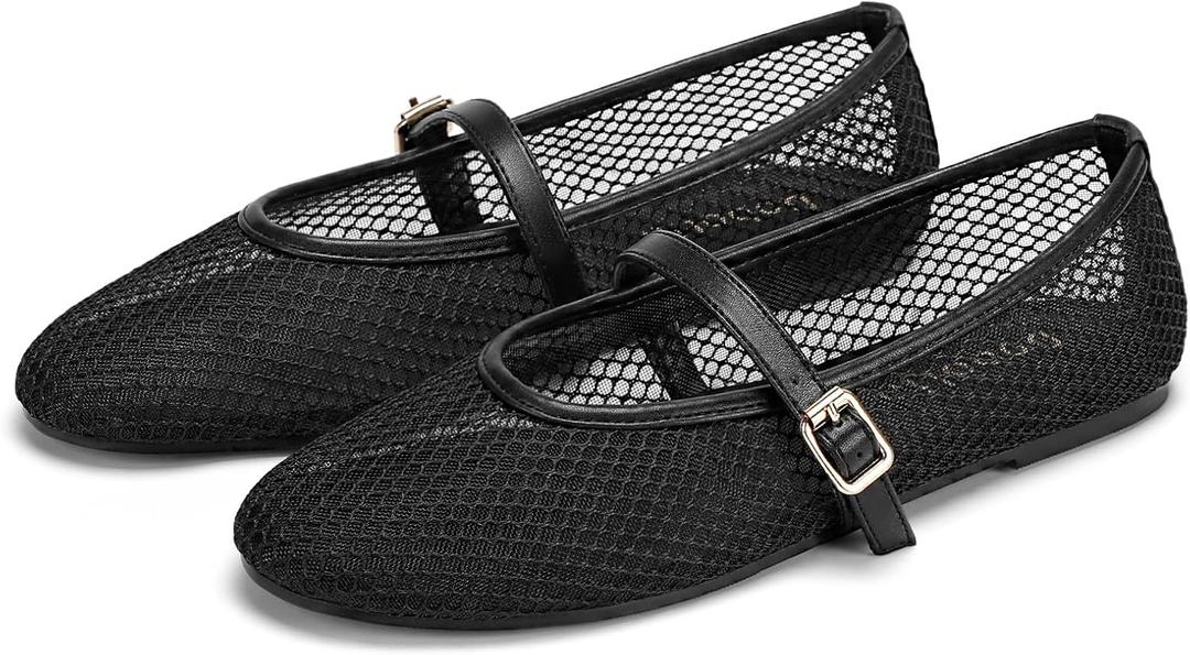 Mesh Ballet Flats for Women Round Toe Mary Jane Shoes Sexy Fishnet Trendy Dressy Ballerina Flat Shoes (7, Black)