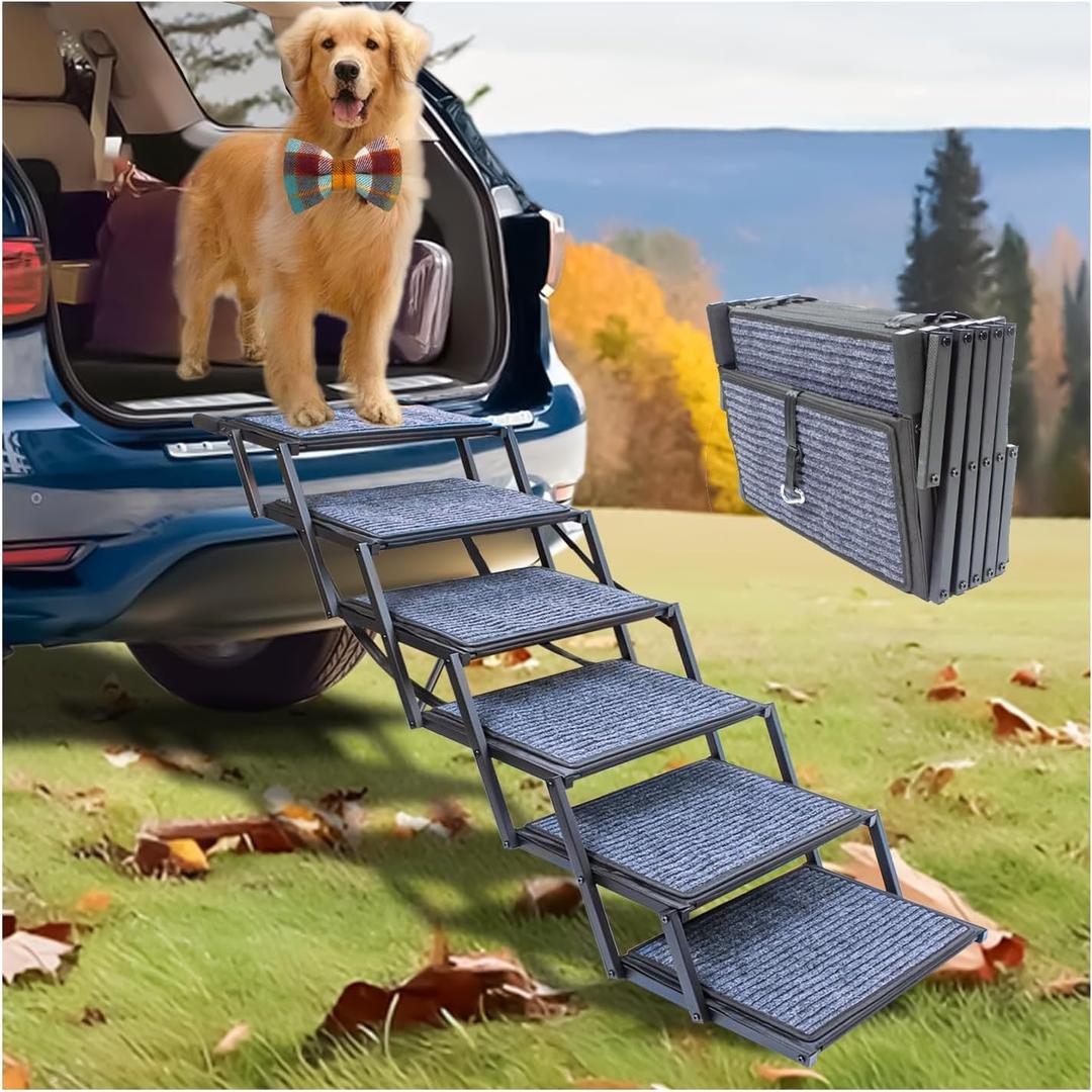 Extra Wide Dog Ramp for Car Truck and SUV Dog Stairs for Large Dogs Folding Pet Stairs with Non-Slip Rug Surface Supports Up to 280 lbs (Wide 6 Steps)