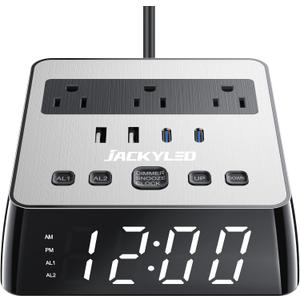 Alarm Clock with USB Charger JACKYLED Power Strip Total 4.8A USB Ports LED Full Screen Surge Protector 6.5ft Cord 4 Dimmer for Heavy Sleepers Compatible with Phone Tablet Computer Black Silver