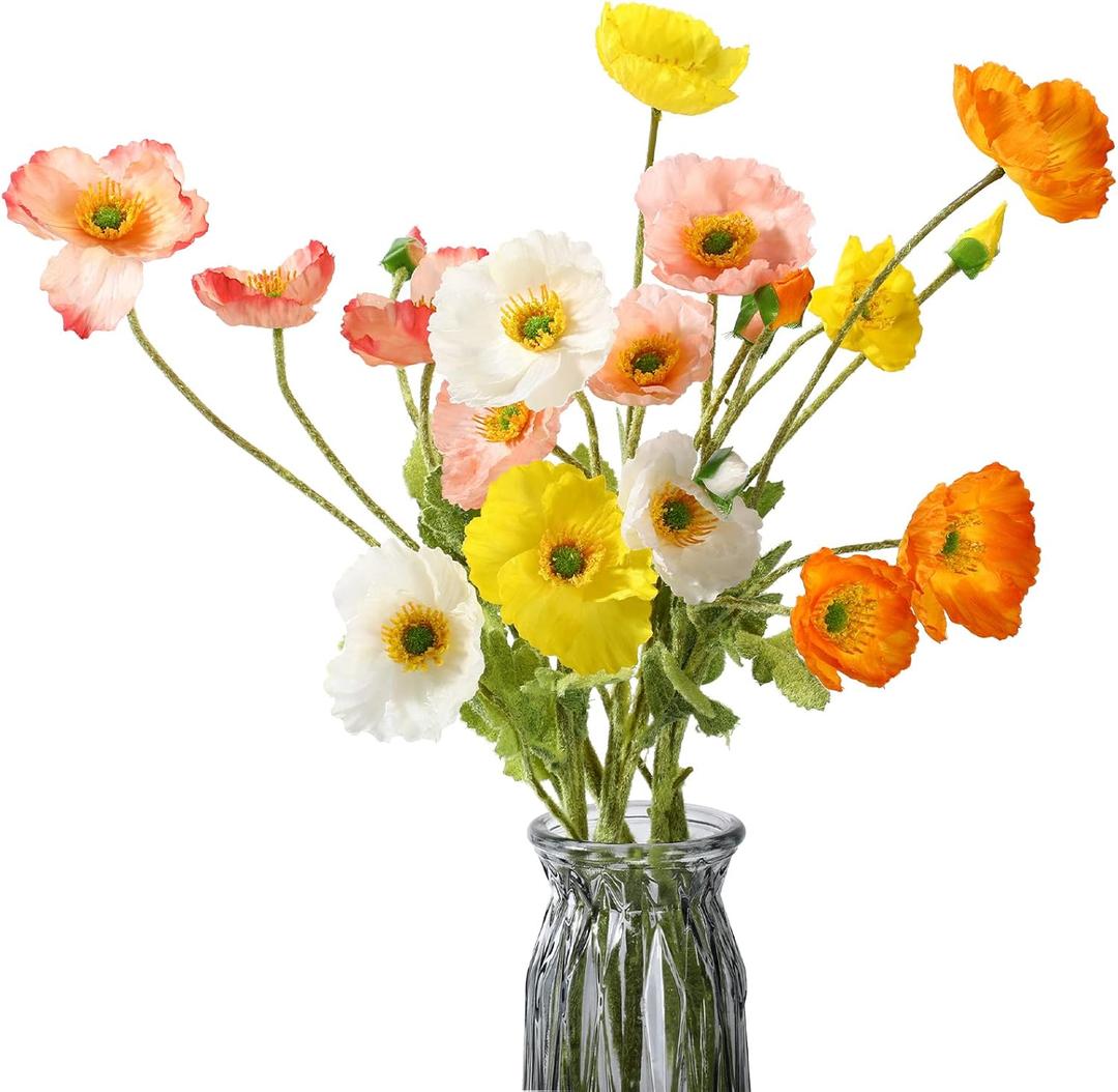 6 Pcs Silk Artificial Poppy Faux Poppy Spring Flowers for Home Kitchen Wedding Decorations Floral Arrangement Table Centerpieces Vase Bouquet (Mixed Colors)