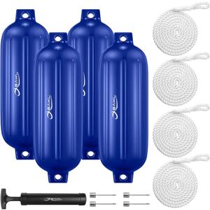 Boat Fenders 4 Pack 8.5 x 27 Inches Ribbed Twin Eyes Boat Fenders Bumpers for Docking, Comes with Ropes and Pump to Inflate