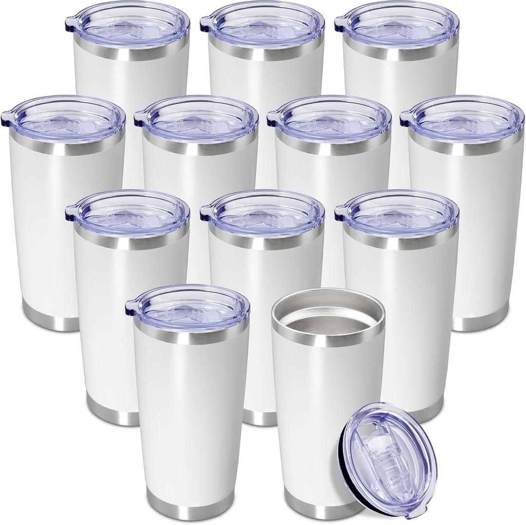 20 oz Tumbler Coffee Travel Tumblers Bulk with Lid Stainless Steel Double Wall Vacuum Insulated Mug Powder Coated Cups fit Car Cupholder for Hot and Cold - White, 12Pack