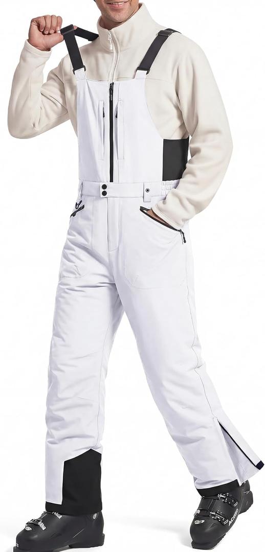 FREE SOLDIER Men's Insulated Waterproof Snow Bibs Ski Overalls (Large/32" Inseam, White)