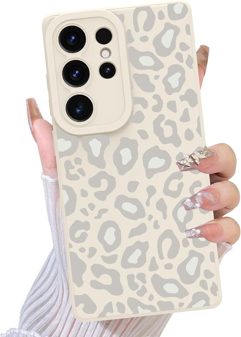 TEAUGHT Compatible with Samsung Galaxy S25 Ultra Case Cute Pattern Leopard Cheetah Print Shockproof Cover Silicone Phone Case for Girls Women -White