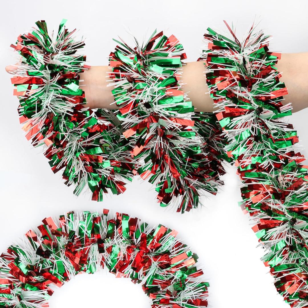50FT Red Green White Christmas Tinsel Garland Metallic Twist Shiny for Christmas Tree Decorations, Xmas Holiday Hanging for Home Mantle Stair Indoor Outdoor Party Supplies Decor