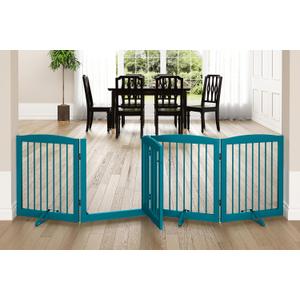 PUPETPO Freestanding Dog Gate with Door, Pet Gate for Stairs, 80 inch Wide Pet Barrier Indoor, Dog Fences Indoor, Support Feet Included, 4 Panels, 24" Tall, Blue