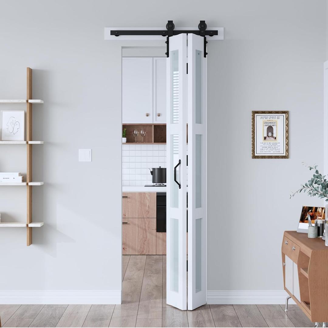 EaseLife 28"x 84" (Double 14" x 84") Bifold Barn Door, Bifold Sliding Barn Door with Hardware Kit, Solid MDF Wood Slab Covered with Water-Proof PVC Surface, Frosted Glass Panel, Assembly Required