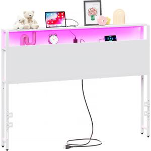 Merronix Full Sized Headboard with 2 Tiers Storage Shelves, Sturdy and Stable Headboard with Charging Station, USB Ports and LED Light for Full Bed Frame, White
