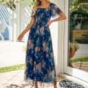 Simplee Womens Floral Maxi Dresses 2026 Summer Square Neck Mesh Short Sleeve Smocked Boho Flowy Wedding Guest Dress, XL