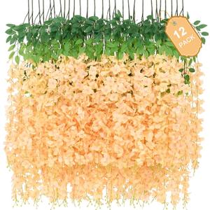 12 Pack Wisteria Hanging Flowers, 3.6 Feet Champagne Wisteria Artificial Flowers, Artificial Fake Flower Garland, Hanging Vines for Bedroom Wedding Home Party Wall Decor (Champagne, 12pcs)