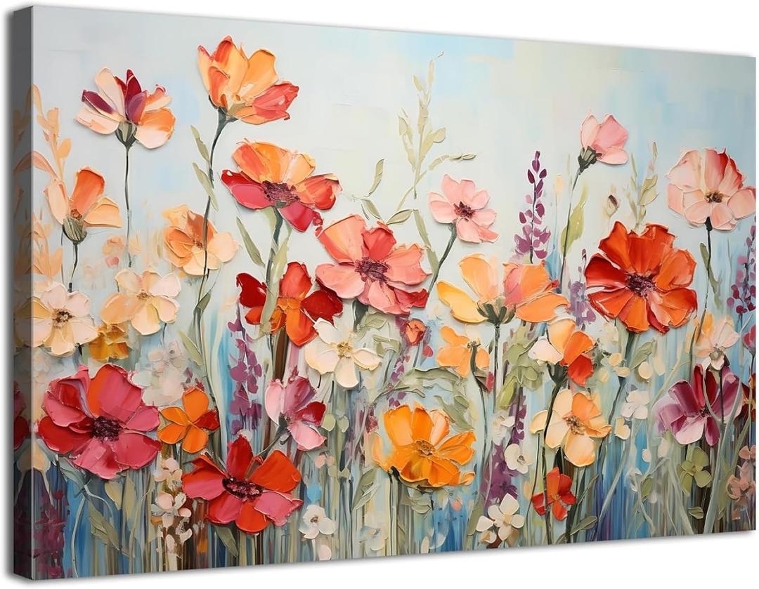 Colorful Flower Wall Art Poppy Flower Pictures Wall Decor for Bedroom Red Orange Floral Canvas Wall Art Abstract Spring Wildflower Painting Floral Prints for Living Room Bathroom Decorations 12x16"