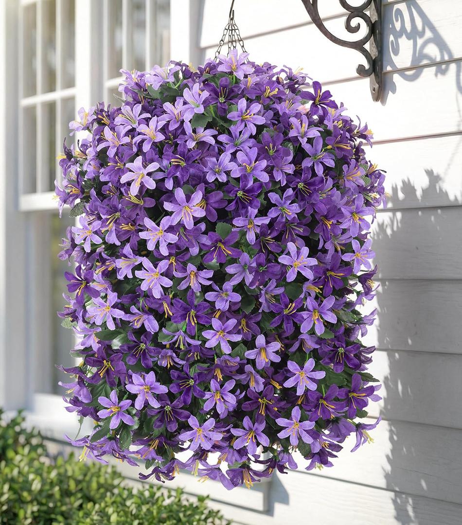 Hoppwodd Artificial Flower for Outdoors 4pcs Fake Lily Hanging Flower Baskets for Outside UV Resistant Silk Faux Long Trailing Vines for Garden Porch Patio, Purple & Light Purple