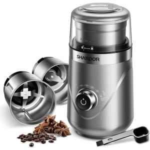 Adjustable Coffee Grinder Electric, Herb, Spice, Coffee Bean,Espresso Grinder with 2 Removable Stainless Steel Wet and Dry Bowl, Silver
