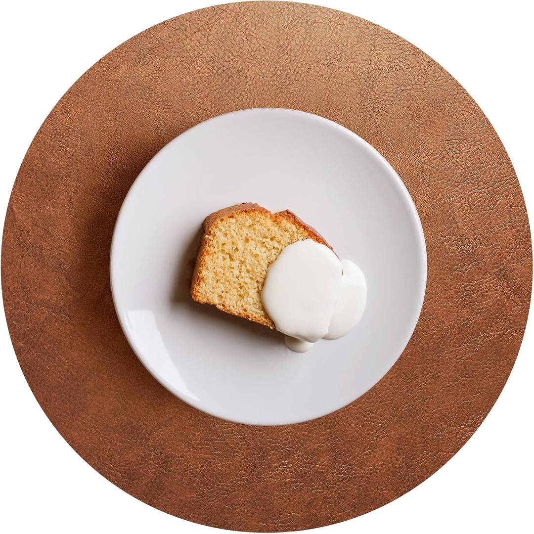 RENMTURE Faux Leather Placemats Set of 4,with 4 Cup mat,Washable, for Kitchen Dining Table,Restaurant,Coffee Shop (Walnut Brown, Round)