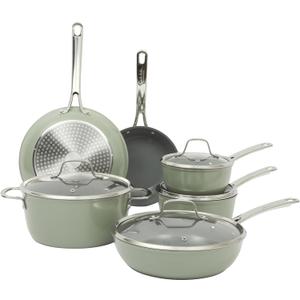 Sur La Table Kitchen Essentials Cool Commune Hard Anodized 10 Piece PFA Free Ceramic Non stick Interior Forged Durable Aluminum Pots and Pans Cookware Set - Green - Induction Compatible
