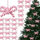 Hungdao 24 Pcs Bow Candy Cane Christmas Ornaments Pink and White Christmas Tree Decoration Stripe Candy Cane Hanging Ornament Polymer Clay Peppermint Pendant for for Xmas Tree Home Party Holiday Decor