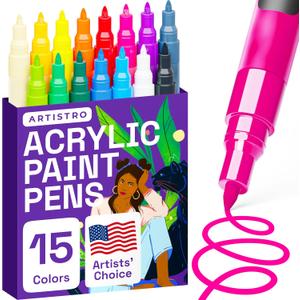 ARTISTRO 15 Acrylic Paint Pens, Art Set Acrylic Paint Markers, Fabric Markers for Textile, Canvas, Rock, Glass, Wood, Paper, Pumpkin, DIY for Kids and Adults (Multicolor)