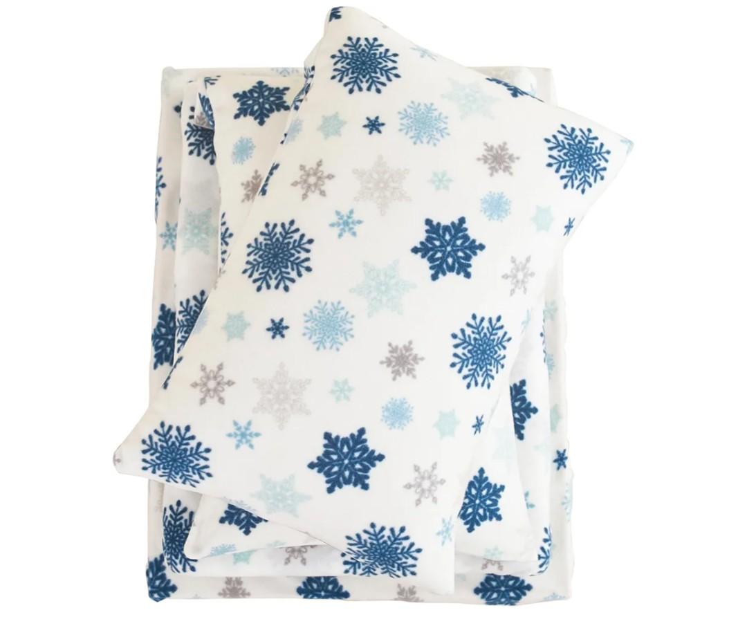 Viviland Micro Fleece Full Bed Sheet Set, Christmas Holiday Flannel-Like Polar Fleece Fitted Sheets with 15" Deep Pocket, Snowflake Printed Winter Velour Velvet Double Sheets & Pillowcase Set