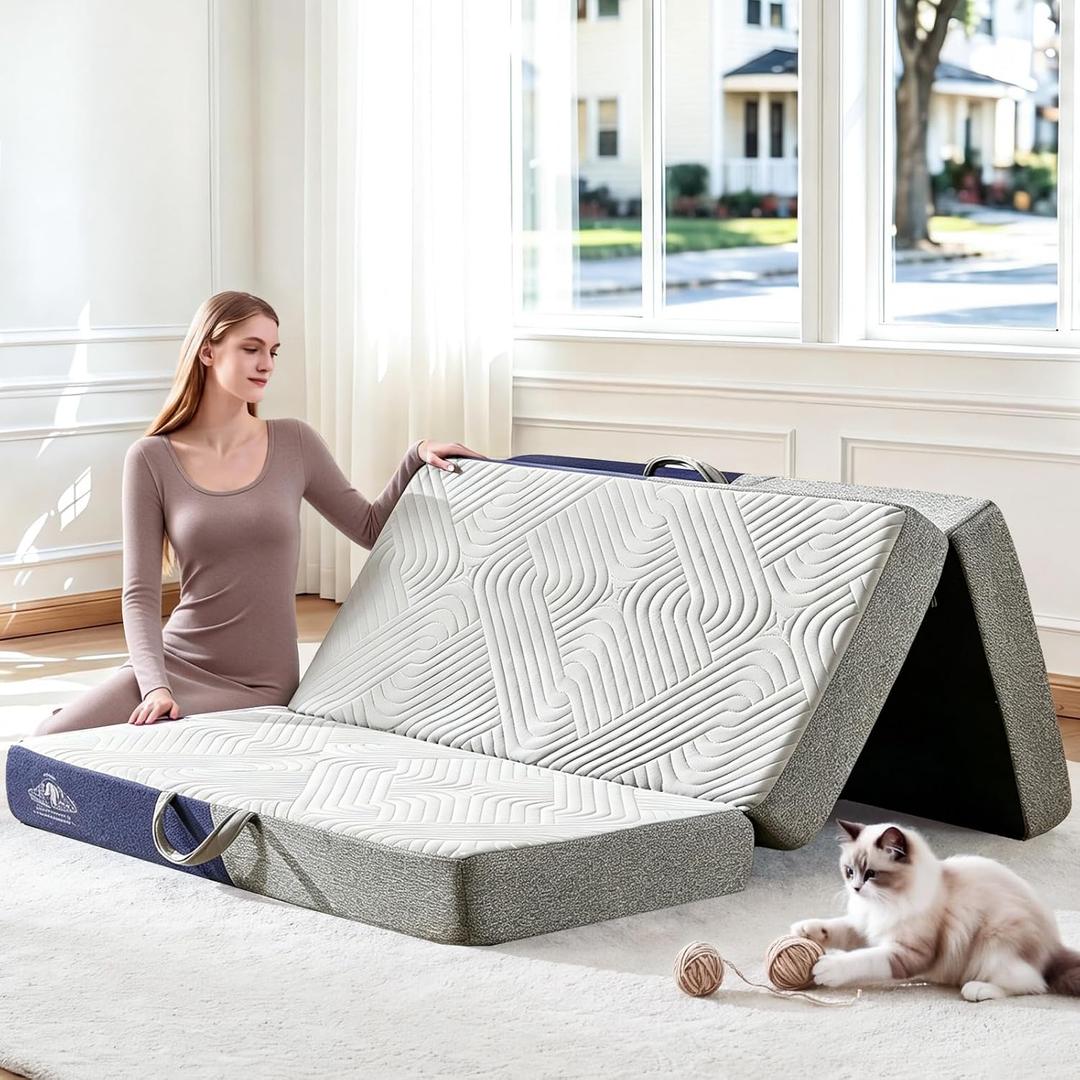 Foldable Mattress Single Size, 4 Inch Folding Mattress/Topper, Soft Breathable Fabric, Washable Trifold Memory Foam Mattress, All-Season Portable Floor Bed for Guest, Yoga, Camping
